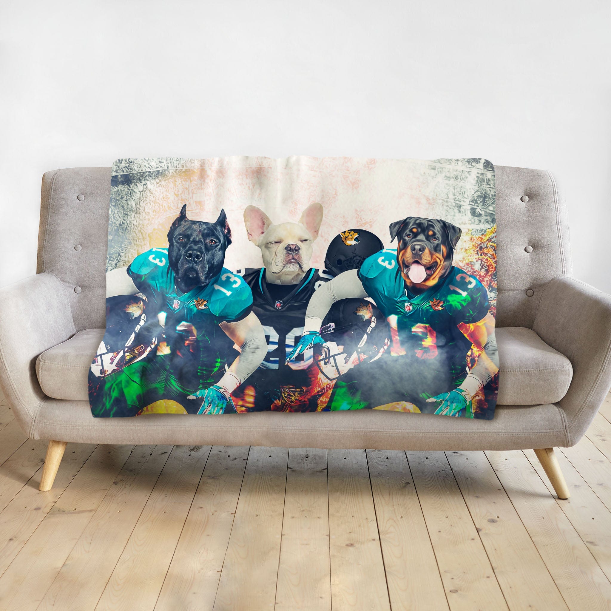 Personalized 3 pet blanket featuring dogs as Jacksonville Doggos football players.
