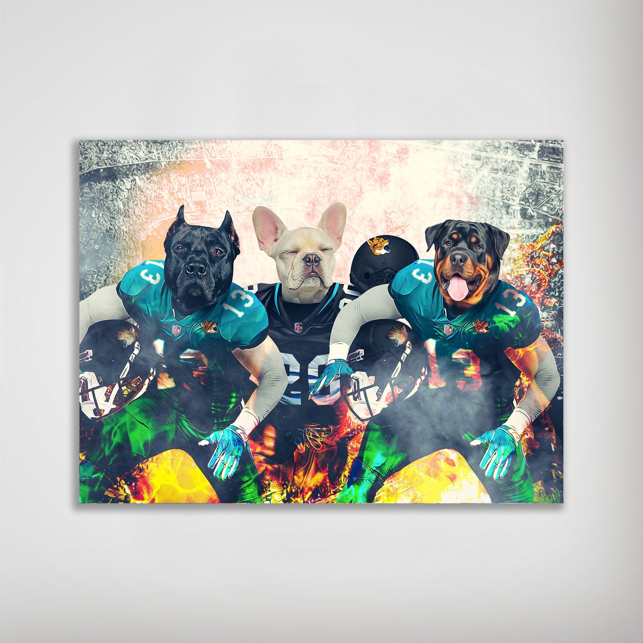 Personalized poster featuring three dogs in Jacksonville Doggos football uniforms with a fiery background.