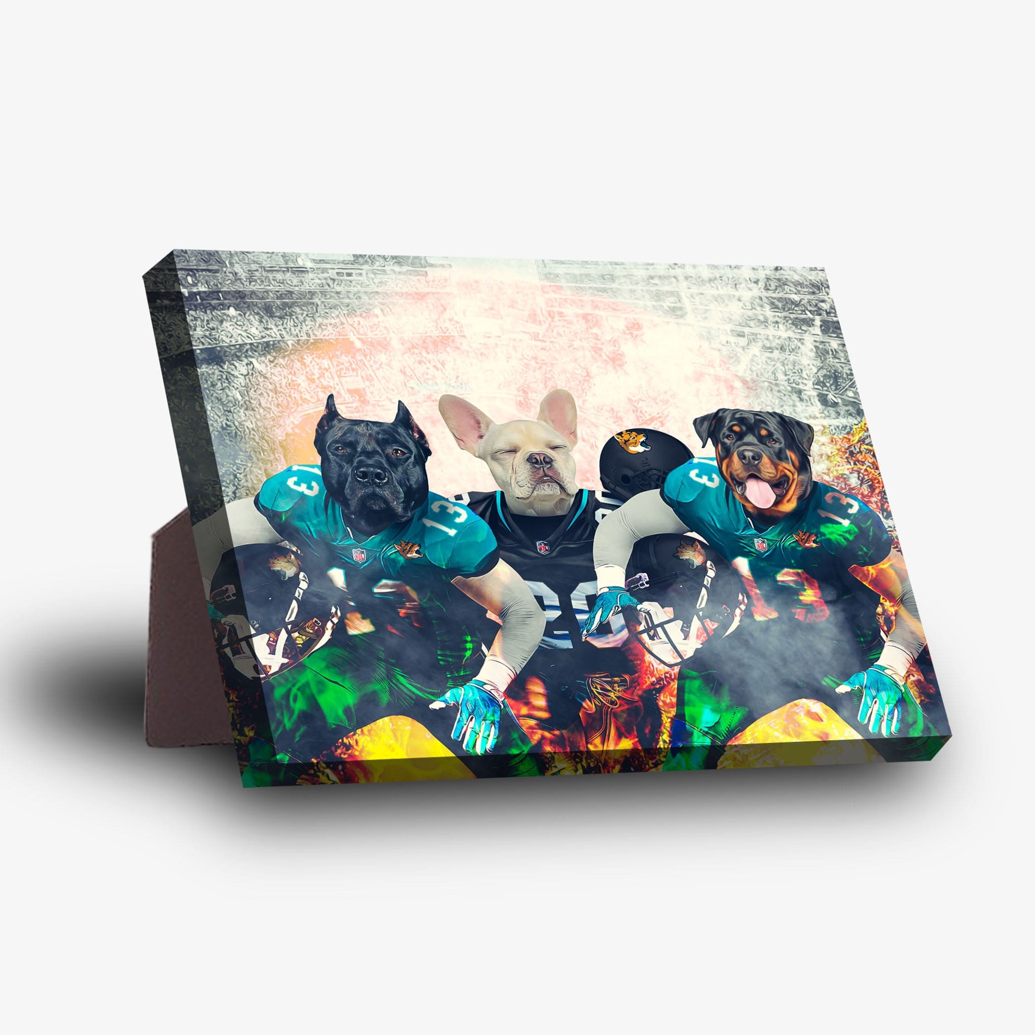 Personalized 3 pet standing canvas featuring a Cane Corso, French Bulldog, and Rottweiler in football jerseys.
