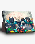 Personalized 3 pet standing canvas featuring a Cane Corso, French Bulldog, and Rottweiler in football jerseys.