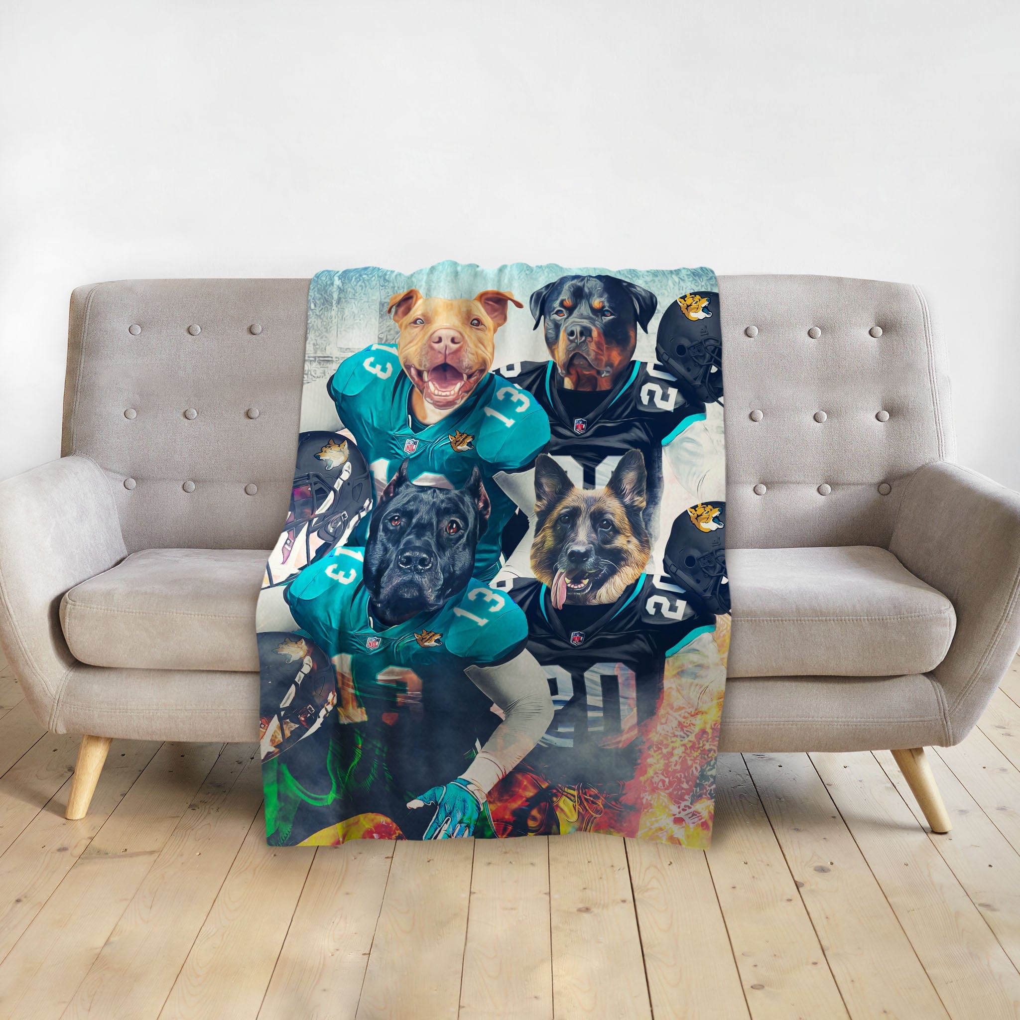 Personalized 4-pet blanket with dogs in Jacksonville Doggos football uniforms.