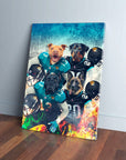 Personalized canvas featuring four dogs in Jacksonville Doggos football jerseys and helmets.