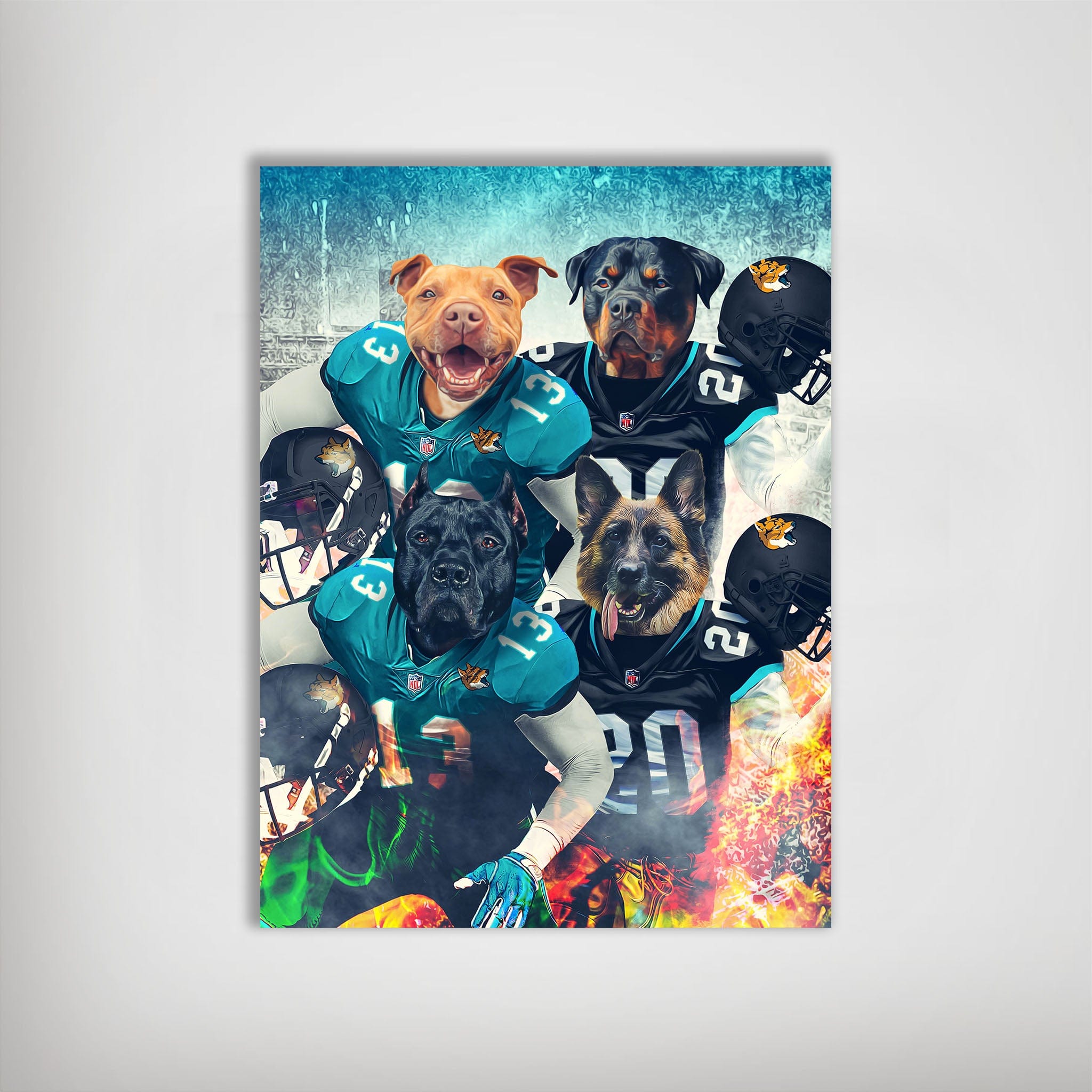 Personalized 'Jacksonville Doggos' poster featuring four pets in football jerseys and helmets, with fiery effects.
