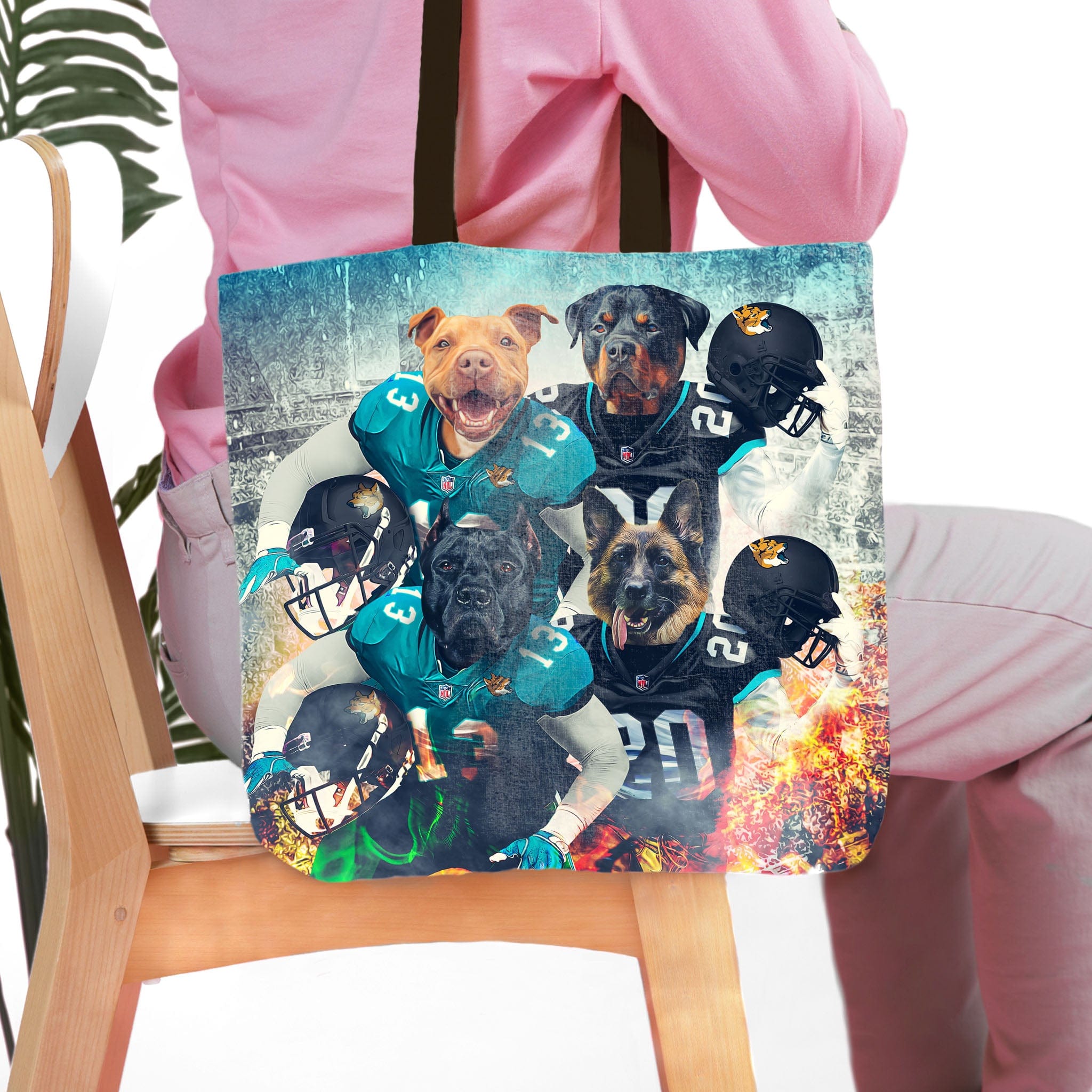 Personalized 4-pet tote bag featuring dogs in Jacksonville Jaguars football uniforms.