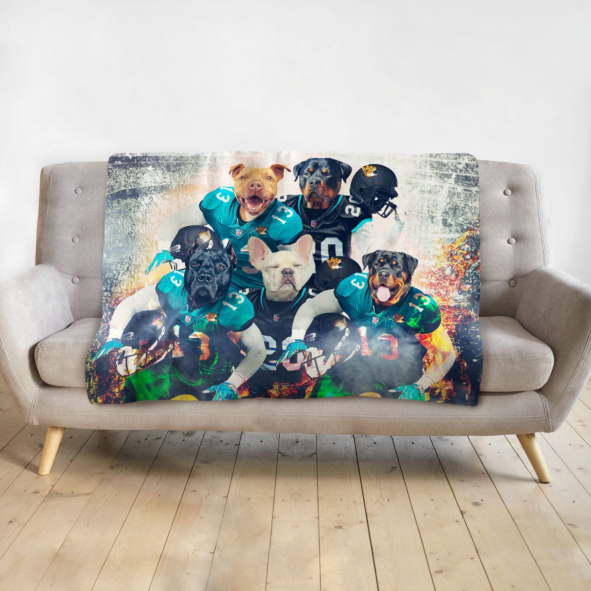 Personalized 5-pet blanket featuring dogs in football uniforms, Doggovinci portrait style.