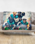 Personalized 5-pet blanket featuring dogs in football uniforms, Doggovinci portrait style.