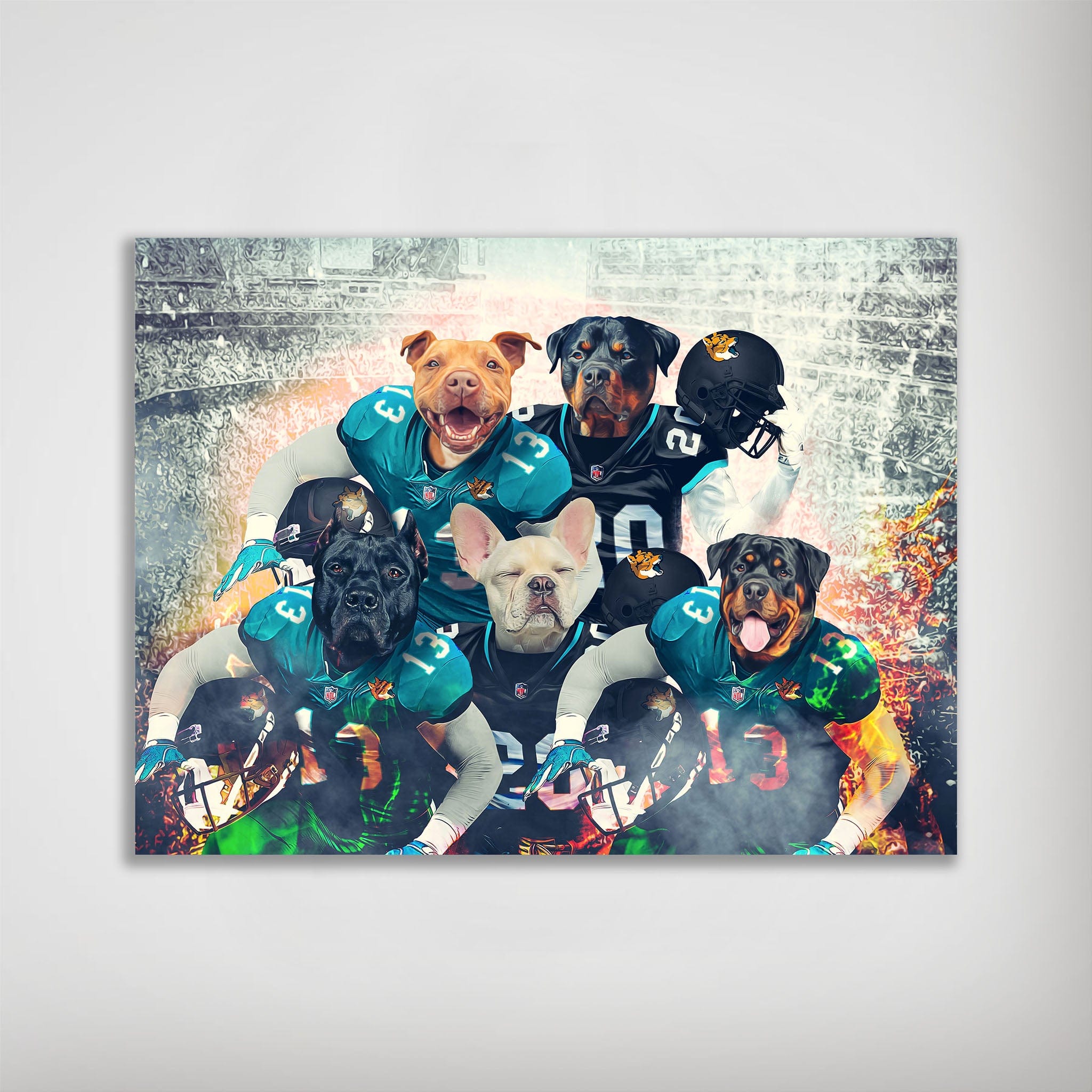 Personalized Jacksonville Doggos 5-pet poster featuring dogs in teal and black football jerseys.