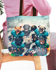 Personalized 6-pet portrait tote bag featuring dogs in Jacksonville Doggos football uniforms.