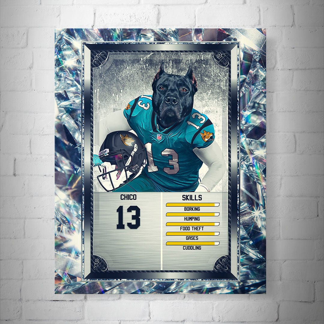 Personalized 8x10" matte poster featuring a black dog in a teal football jersey with number 13, framed by sparkling diamonds.