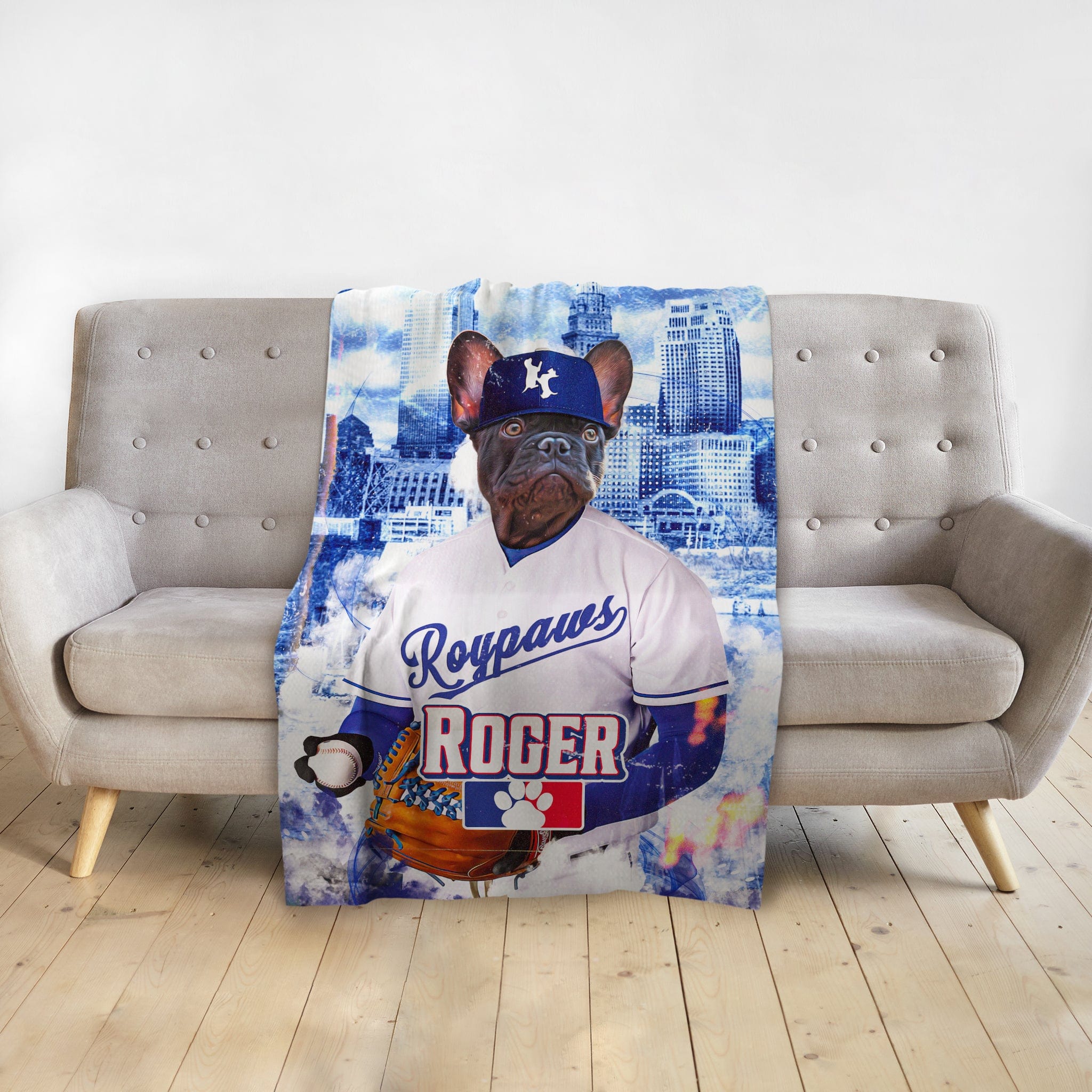 Personalized pet blanket with a French Bulldog in a baseball uniform, "Roypaws Roger" and Kansas City skyline.