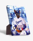 Personalized pet standing canvas featuring a French Bulldog in a "Roypaws" baseball uniform with a Kansas City skyline background.