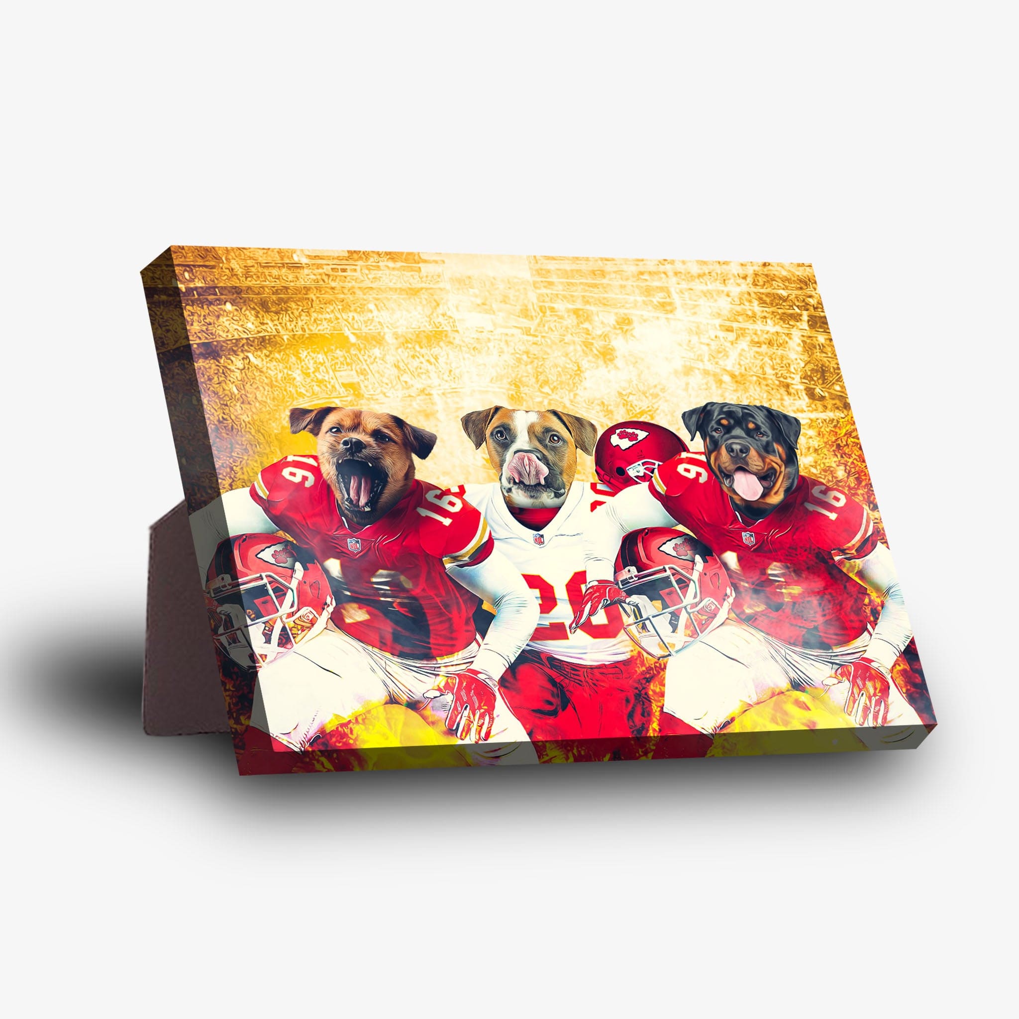Personalized 3 pet standing canvas featuring dogs in Kansas City Chiefs football uniforms.