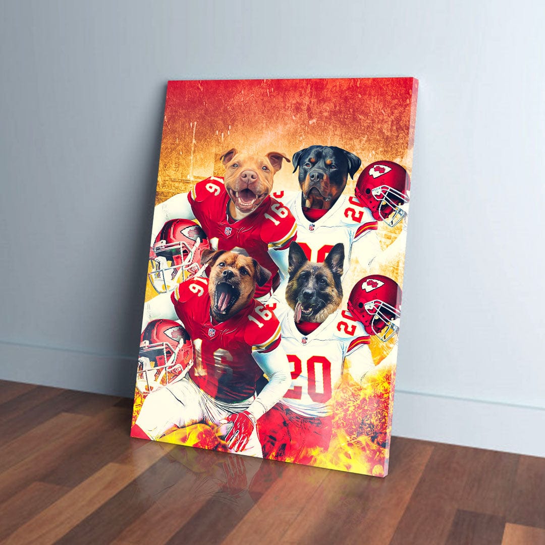 Personalized "Kansas City Doggos" 4 pet canvas featuring dogs in red and white football jerseys.