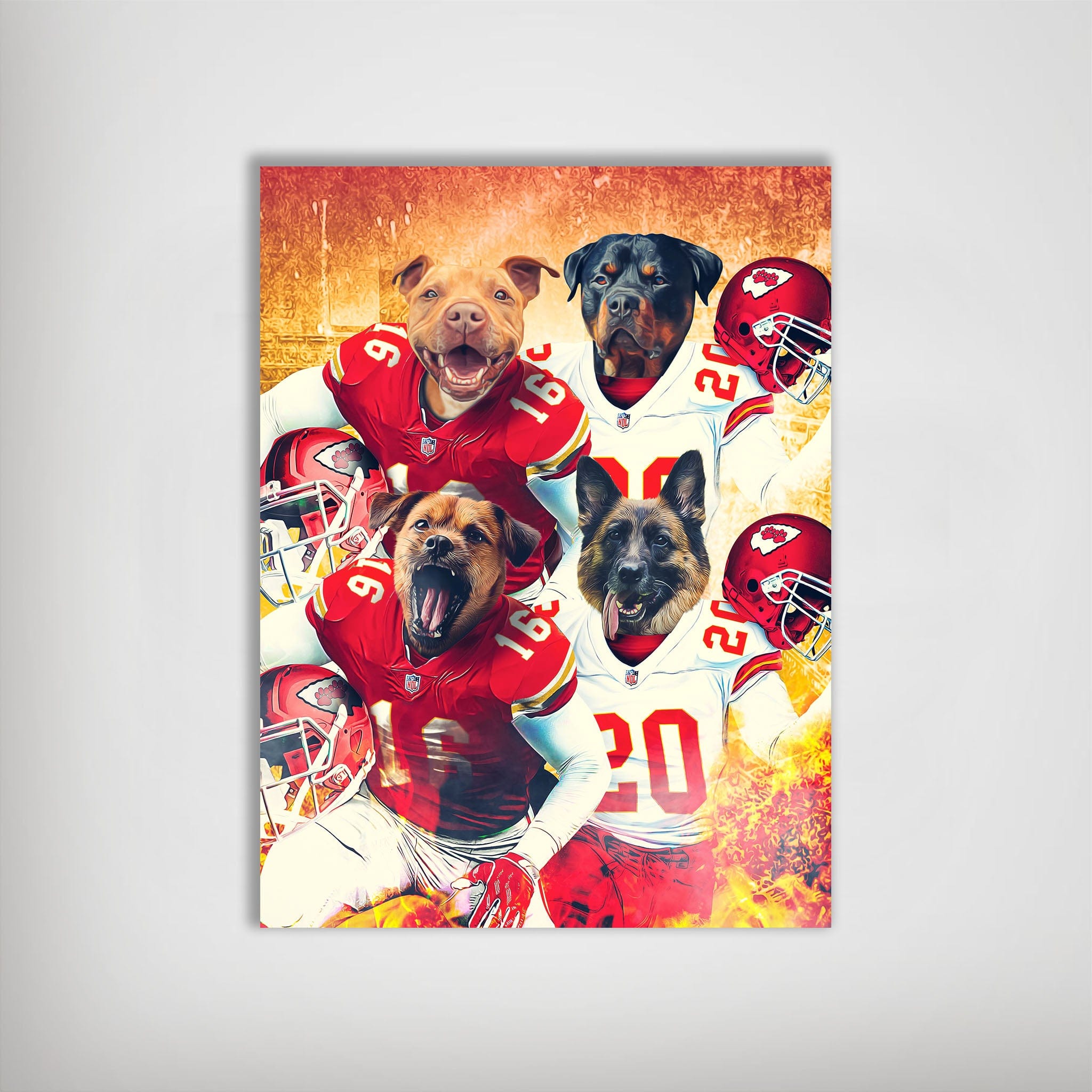 Personalized Kansas City Doggos 4-pet poster featuring dogs in red and white football uniforms.