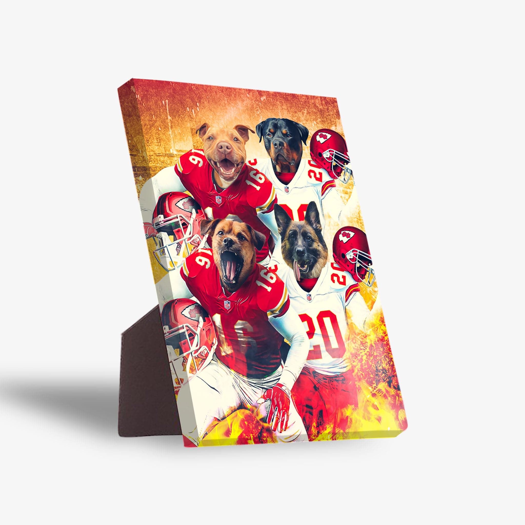 Personalized 4-pet standing canvas featuring dogs in Kansas City football uniforms with a fiery background.