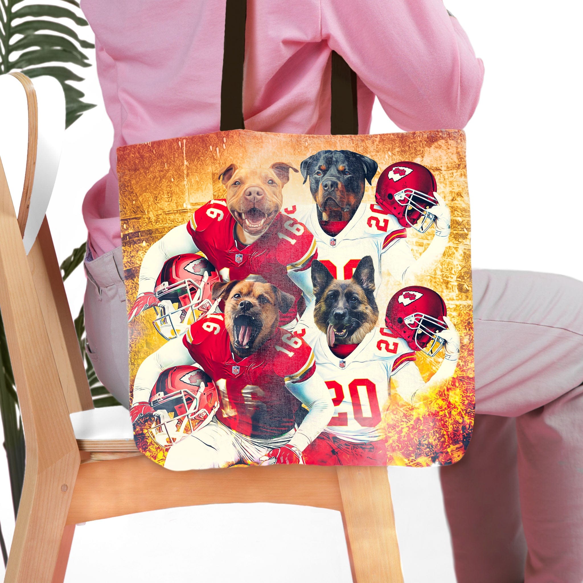 Personalized 4 pet tote bag with dogs in Kansas City football uniforms.