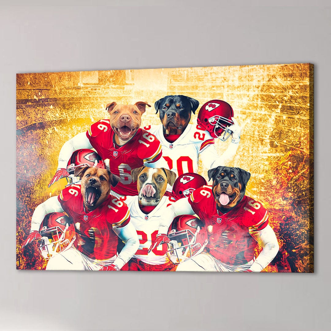 Personalized 5-pet canvas featuring dogs in red and white Kansas City Doggos football uniforms.