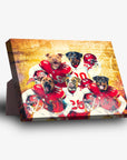 Five personalized pet portraits on a standing canvas, dogs in red and white football jerseys.