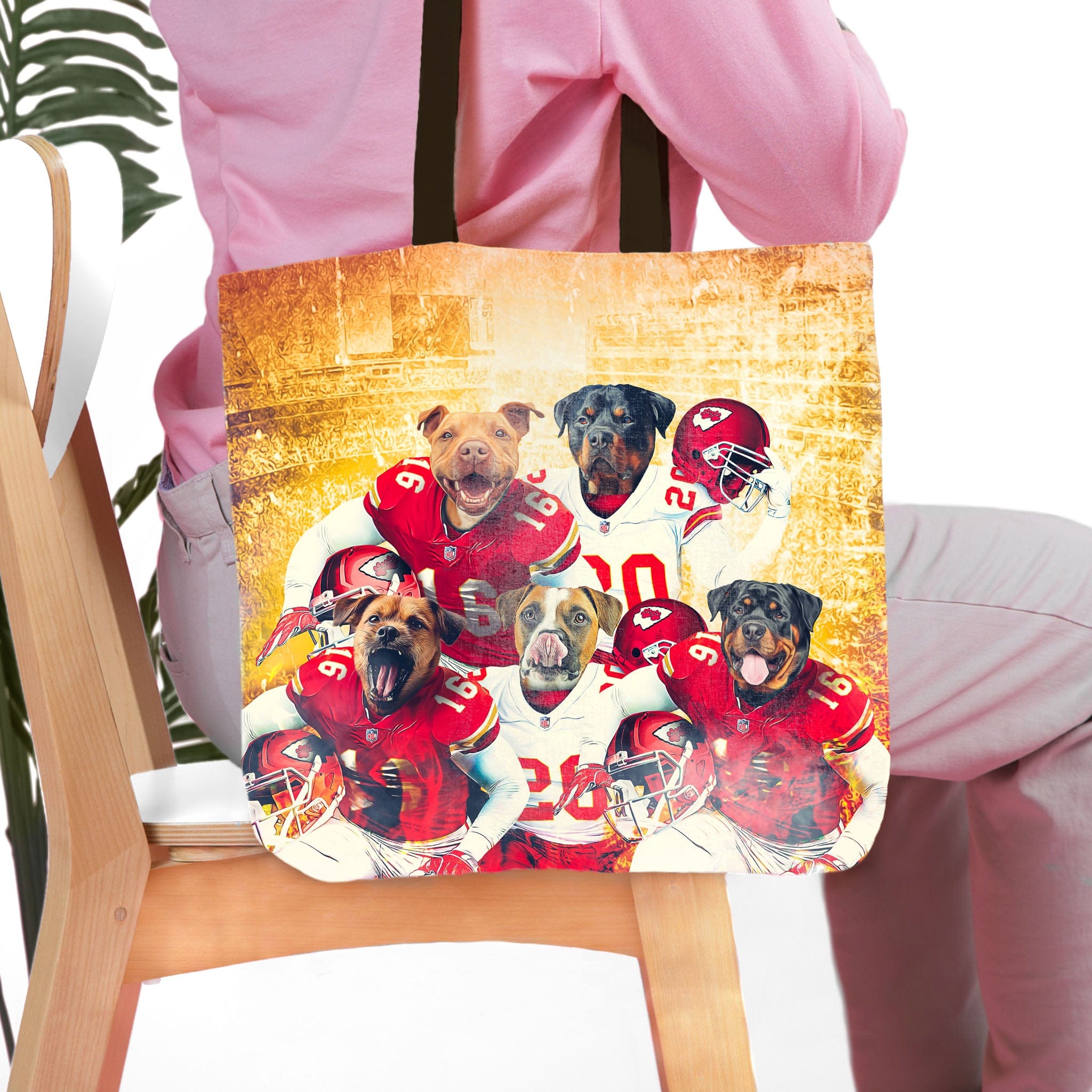 Personalized 5-pet Kansas City Doggos football team portrait tote bag.