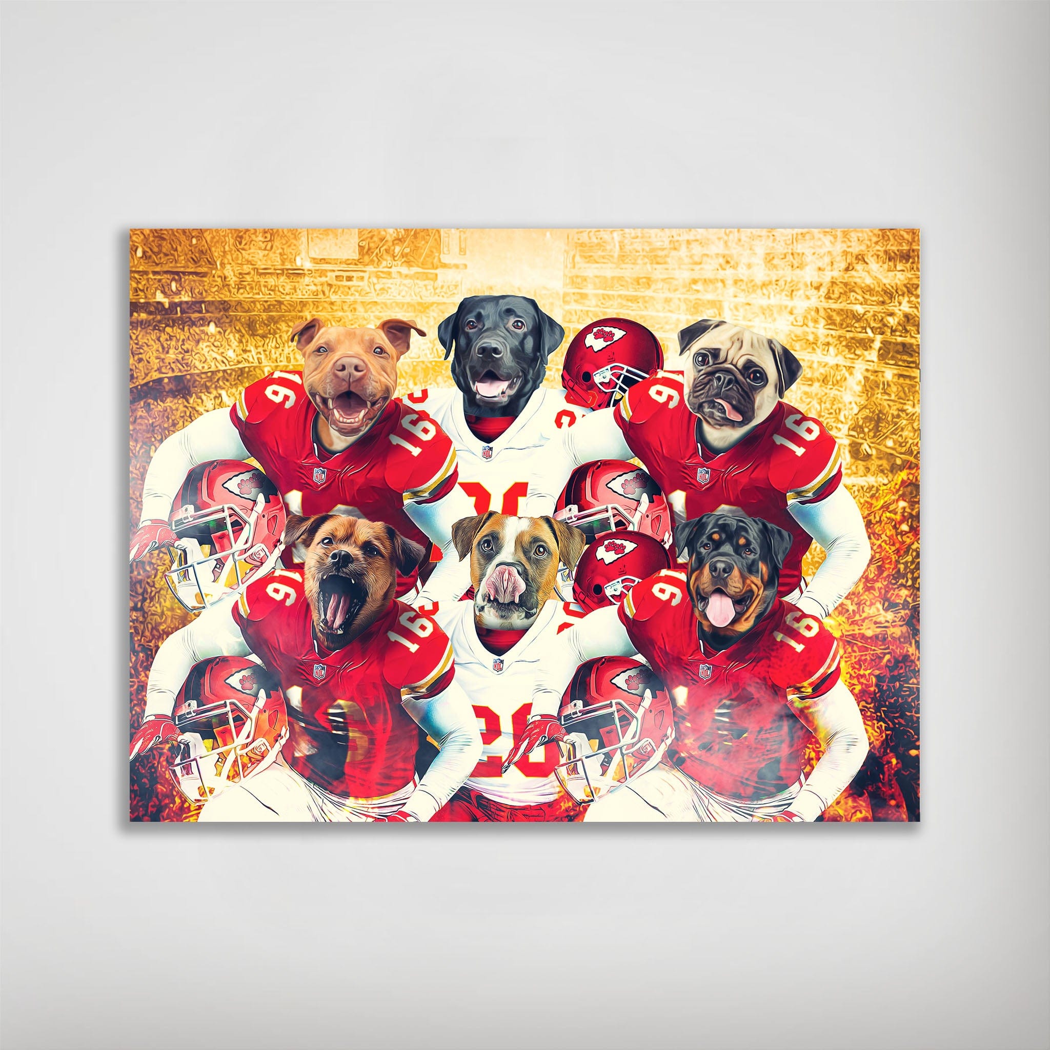 Personalized 'Kansas City Doggos' poster featuring six pets as football players in red and white uniforms with helmets.