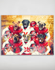 Personalized 'Kansas City Doggos' poster featuring six pets as football players in red and white uniforms with helmets.