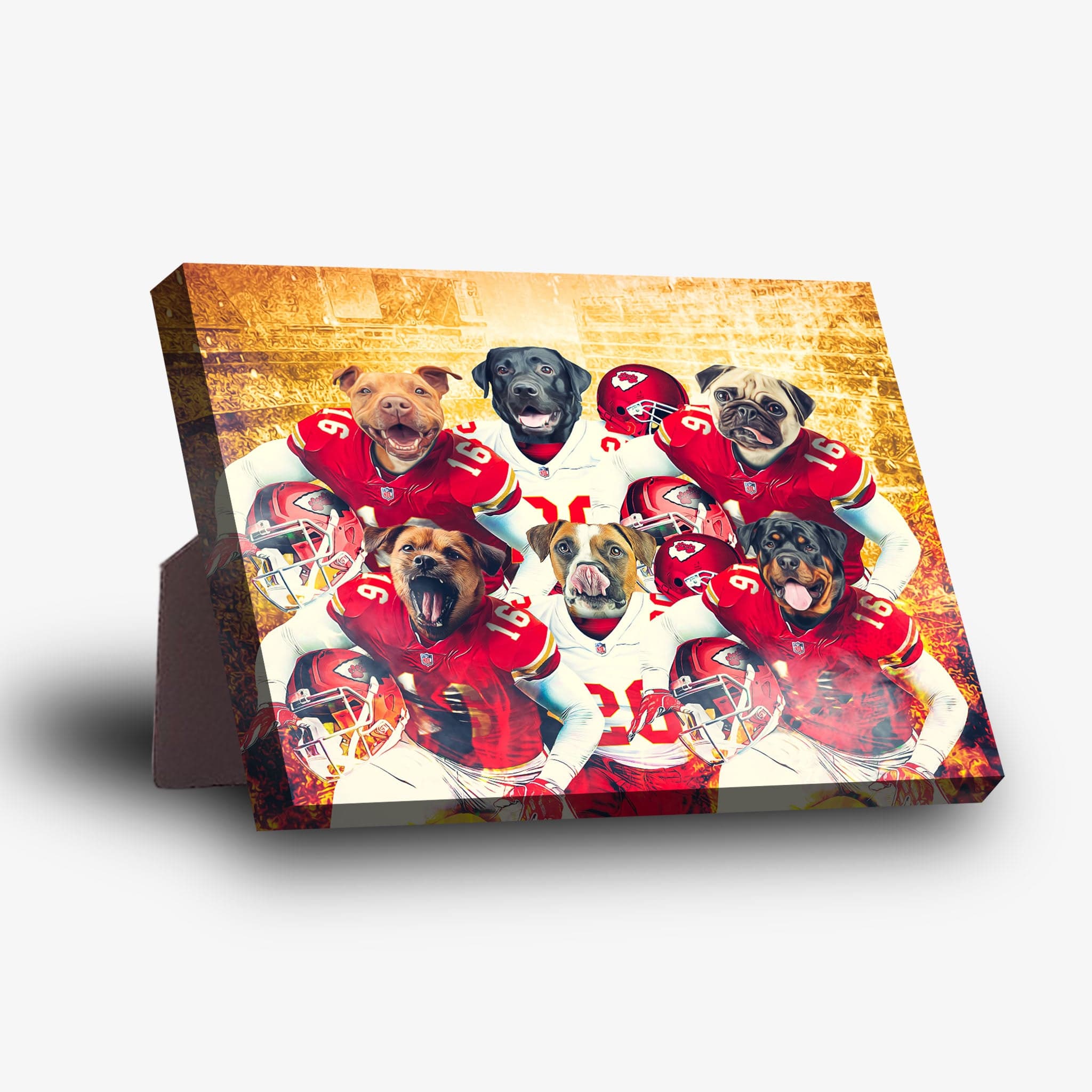 Personalized 6-pet standing canvas featuring dogs in red Kansas City Chiefs football uniforms.