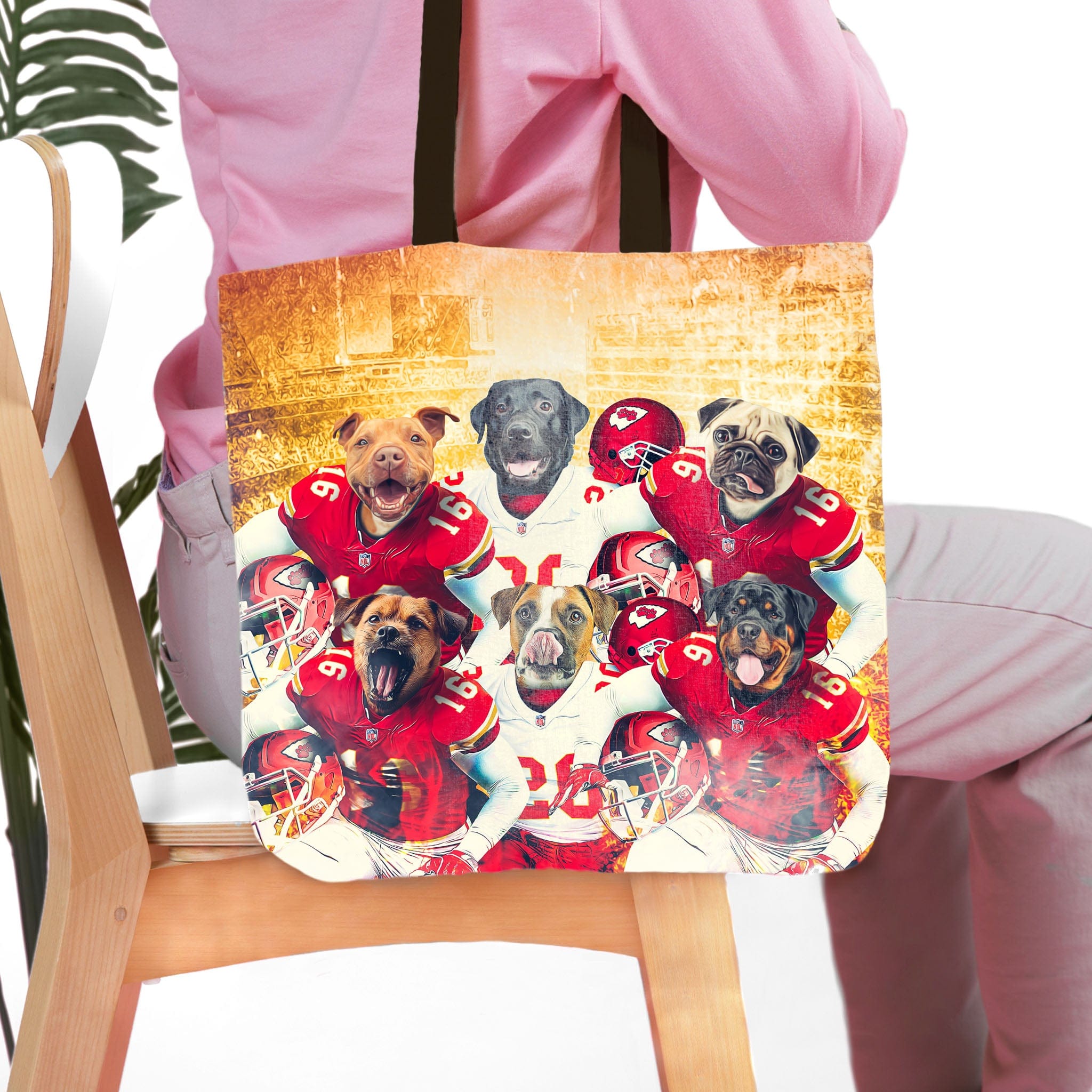 Personalized 6-pet dog portrait tote bag with pets in Kansas City football uniforms.