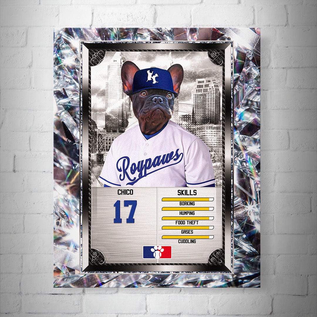 Personalized 8x10" matte baseball trading card poster featuring a French Bulldog in a "Roypaws" jersey and blue cap.