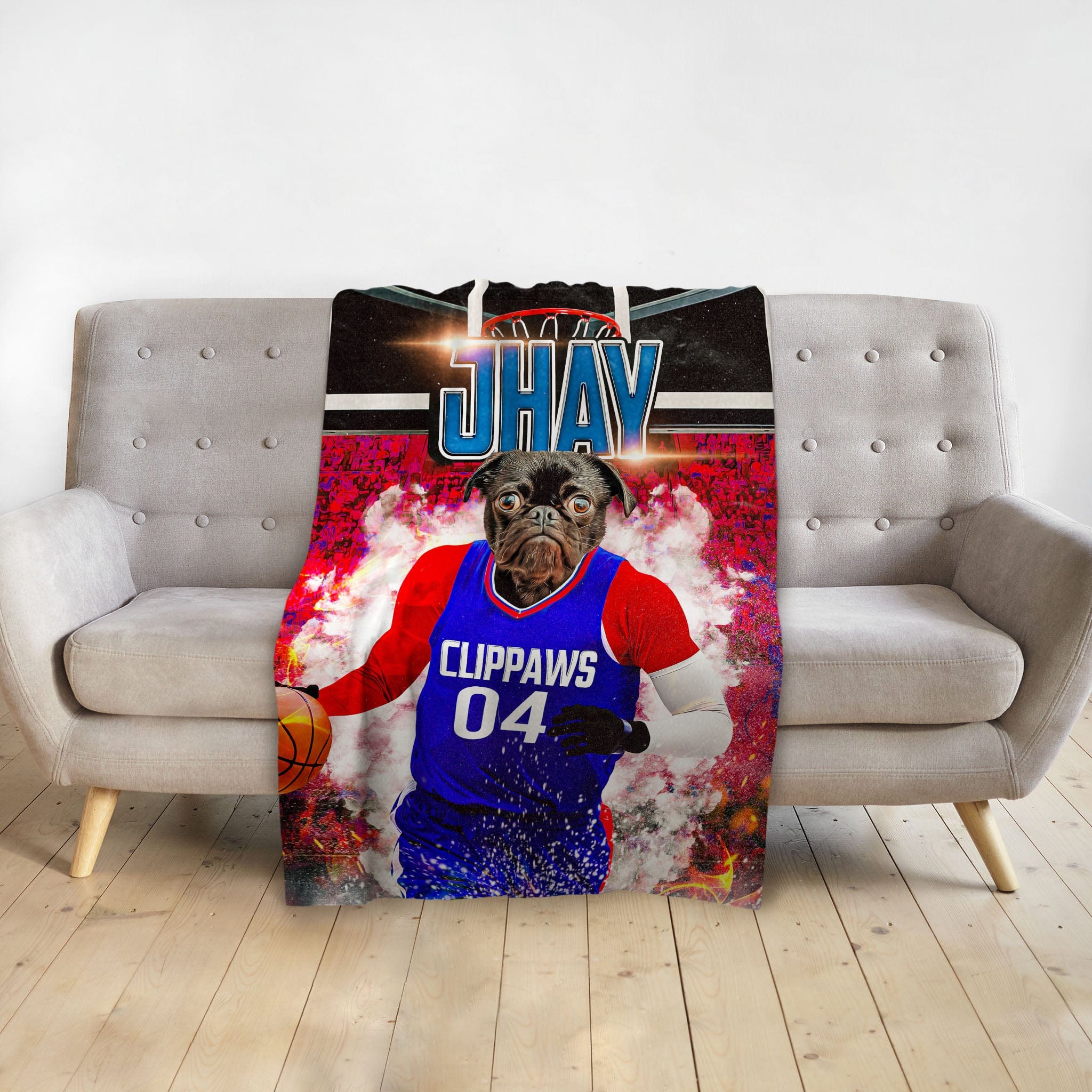 Personalized pet blanket with a pug in a blue basketball jersey, "CLIPPWS 04" and "JHAY" text.