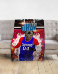 Personalized pet blanket with a pug in a blue basketball jersey, "CLIPPWS 04" and "JHAY" text.