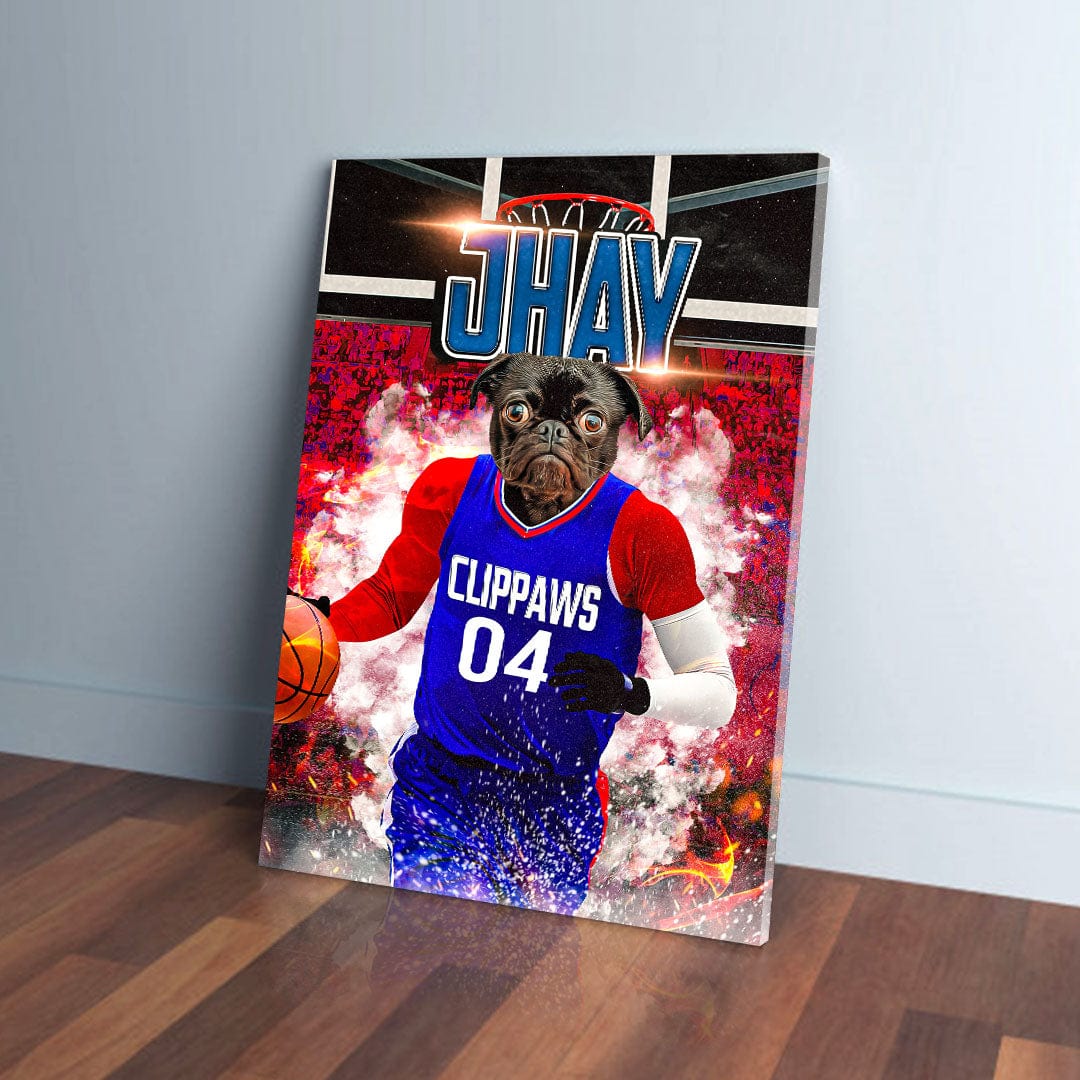 Personalized pet canvas featuring a pug in a blue and red basketball jersey, dribbling.