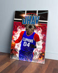 Personalized pet canvas featuring a pug in a blue and red basketball jersey, dribbling.