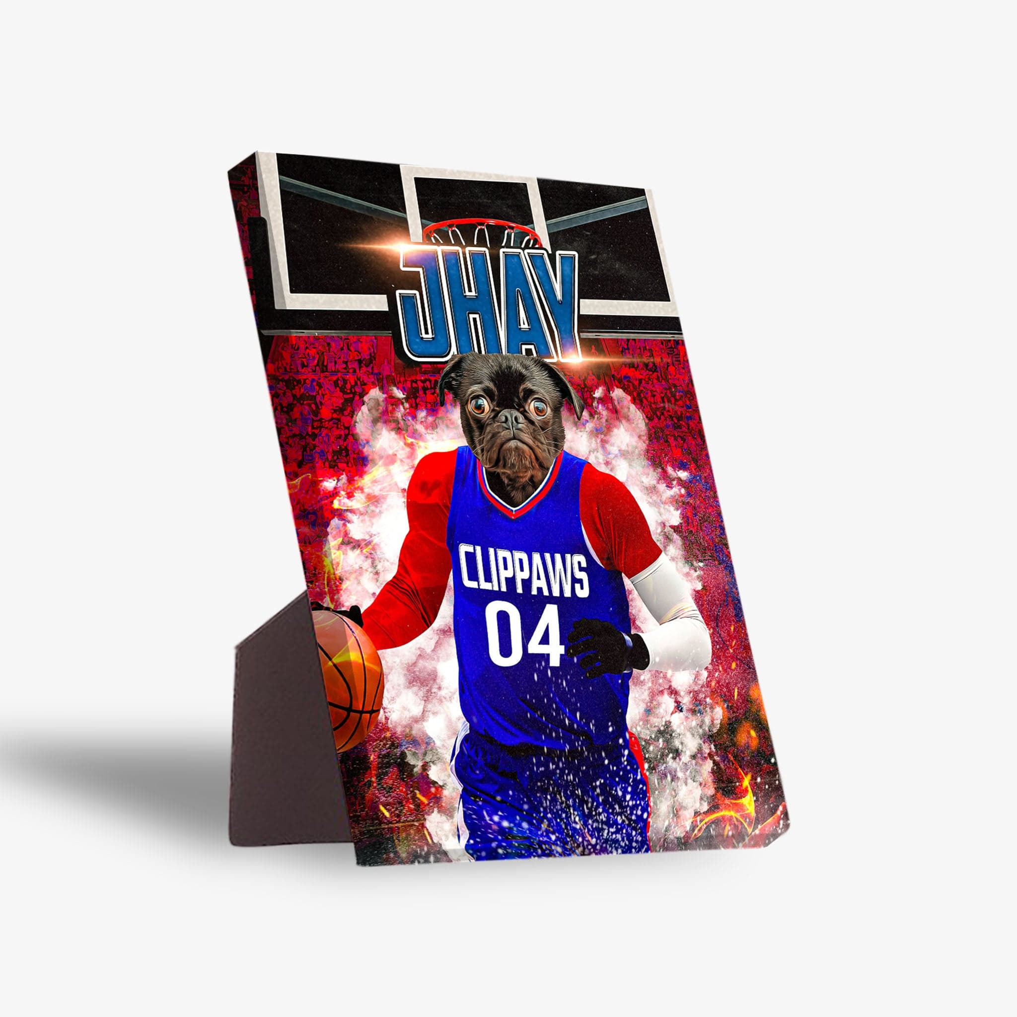 Personalized 'LA Clippaws' standing canvas featuring a pug in a blue basketball jersey with a stand.