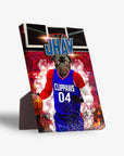 Personalized 'LA Clippaws' standing canvas featuring a pug in a blue basketball jersey with a stand.