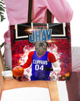 Personalized black tote bag with a pug pet portrait in a blue basketball jersey.