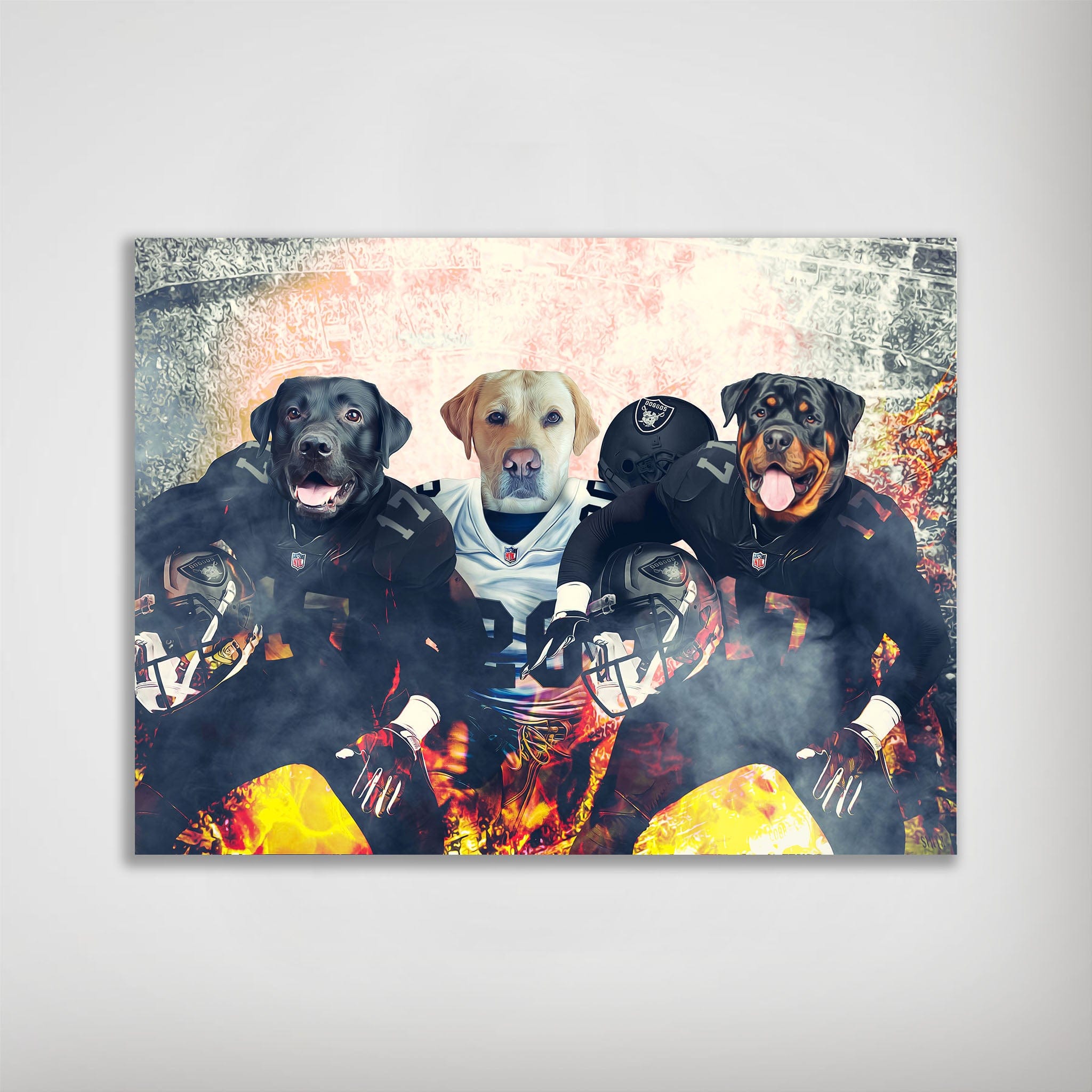 Personalized 'Las Vegas Doggos' poster featuring three pets as football players in black and white uniforms.