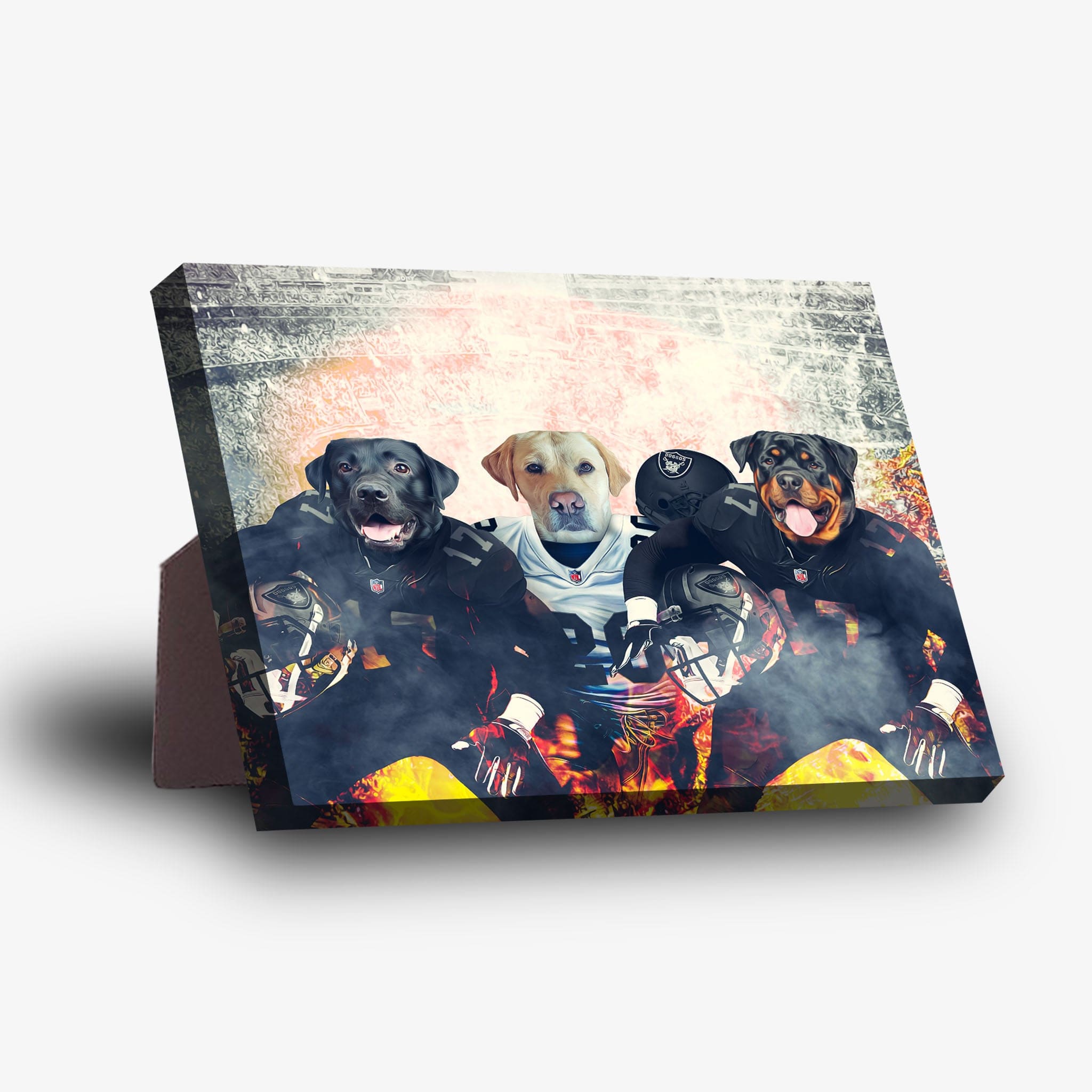 Personalized 'Las Vegas Doggos' standing canvas with three pets in football uniforms.
