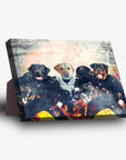 Personalized 'Las Vegas Doggos' standing canvas with three pets in football uniforms.