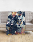 Personalized pet blanket with four dogs in Las Vegas Raiders football uniforms.