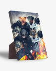 Personalized 'Las Vegas Doggos' standing canvas featuring four pets as football players in black and white uniforms.