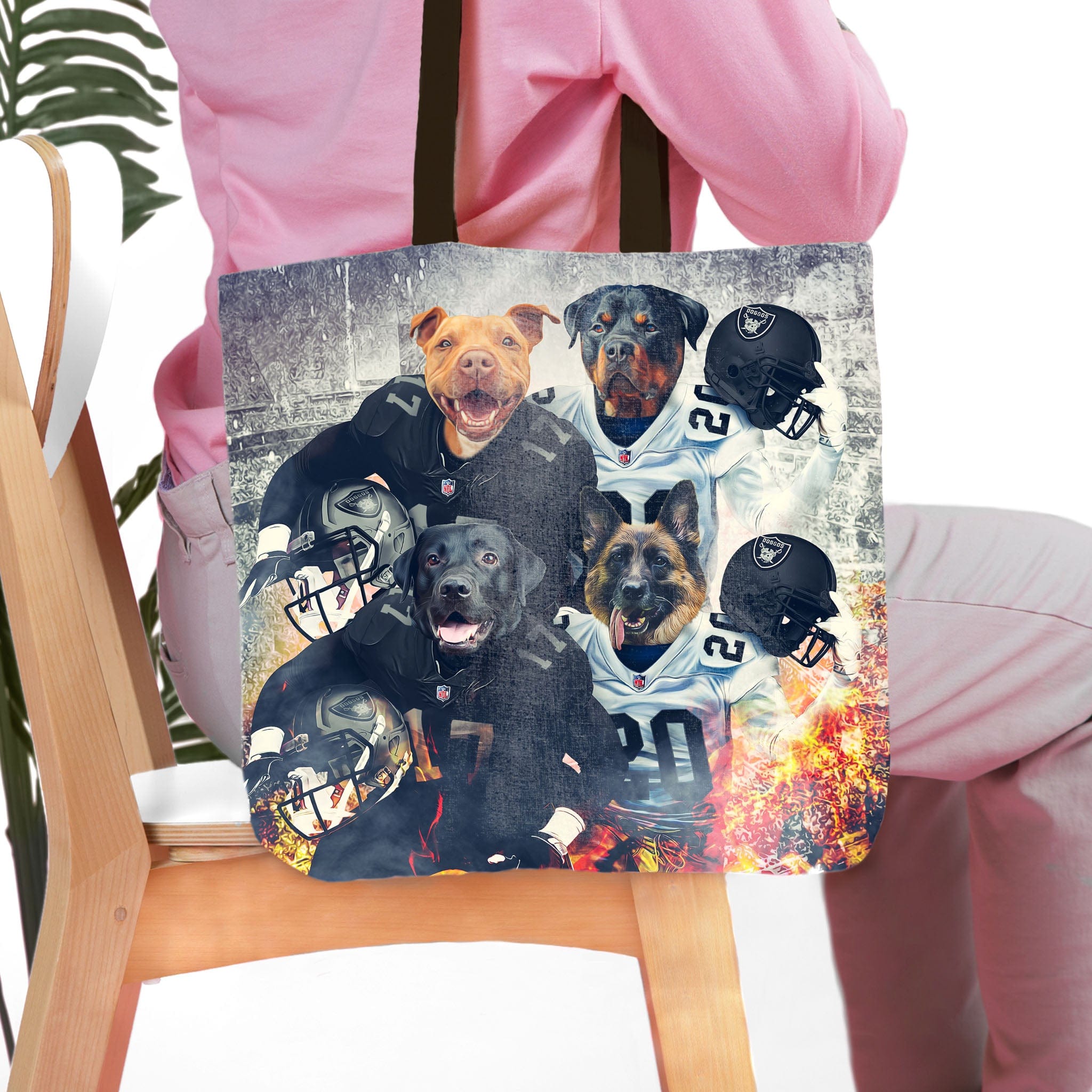 Personalized 'Las Vegas Doggos' 4-pet tote bag with dogs in football uniforms.