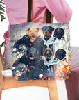 Personalized 'Las Vegas Doggos' 4-pet tote bag with dogs in football uniforms.