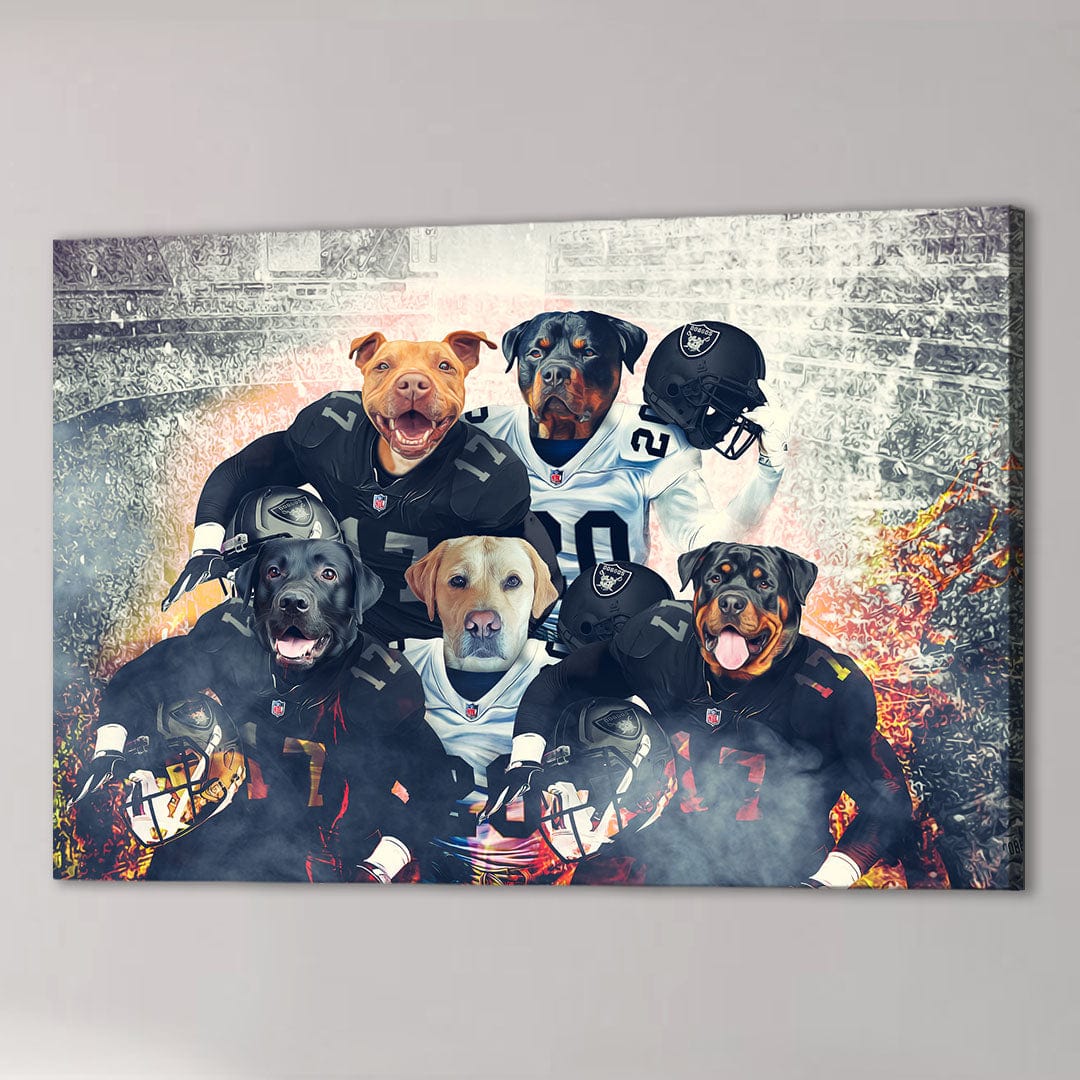 Five personalized dogs in black and white football uniforms on a custom Las Vegas Raiders canvas.