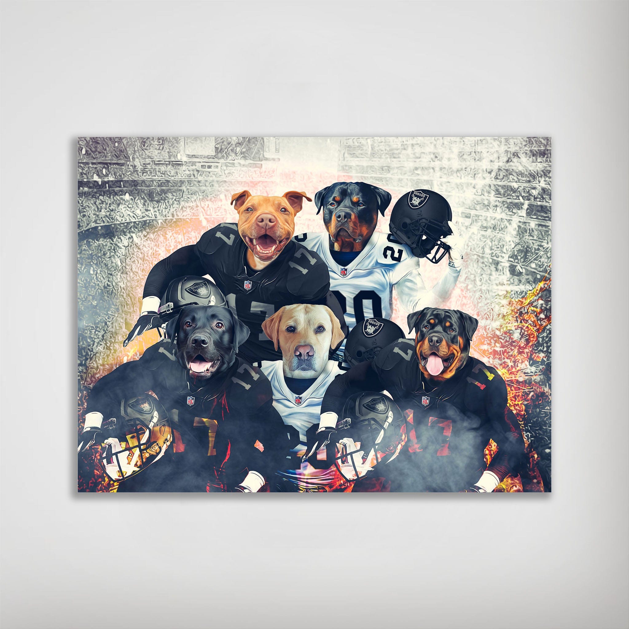 Personalized 5-pet poster featuring dogs in football jerseys with helmets, against a stadium backdrop.