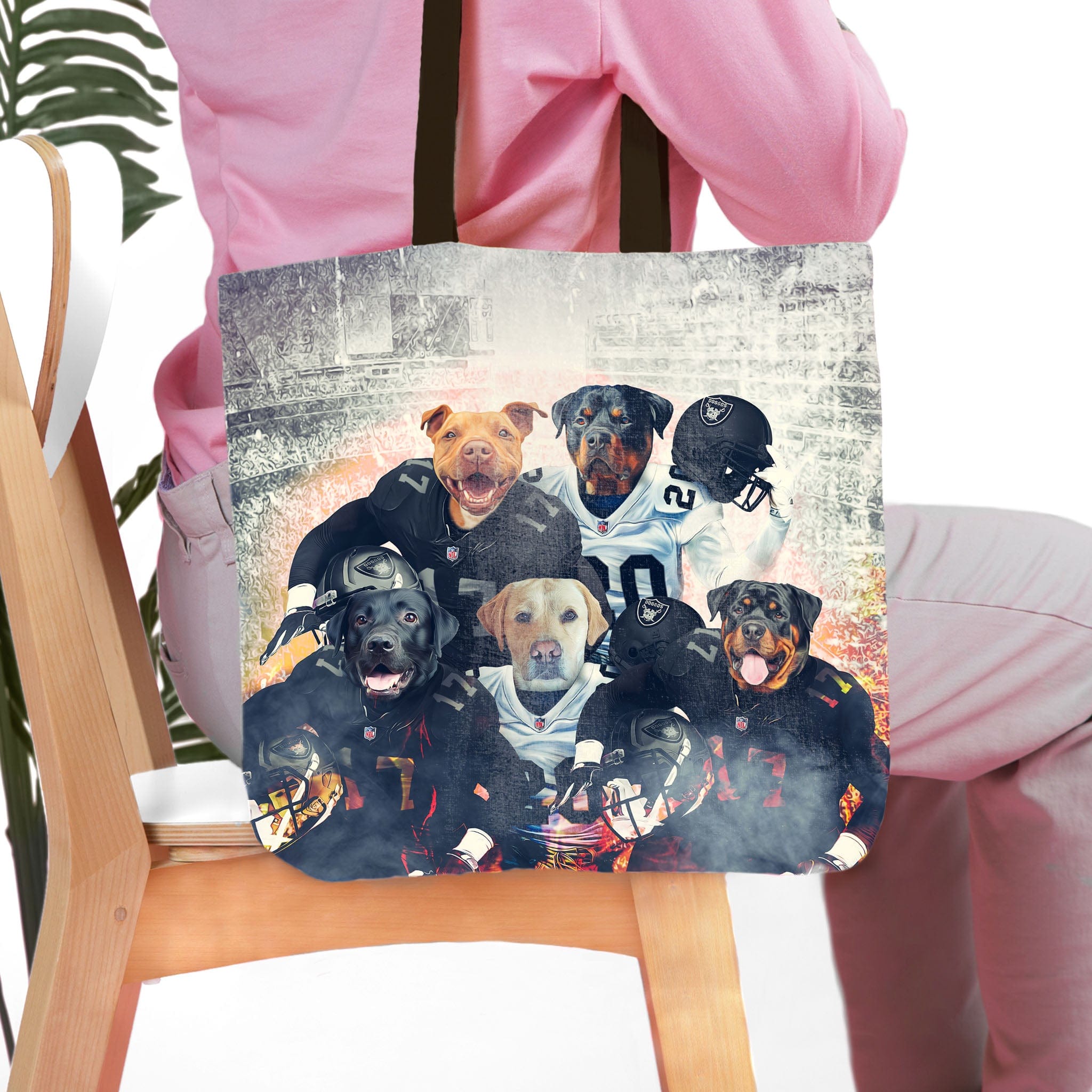 Personalized 5-pet Las Vegas Doggos tote bag with custom dog portraits in football uniforms.