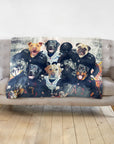 Personalized 6-pet blanket with dogs in football uniforms on a gray sofa.