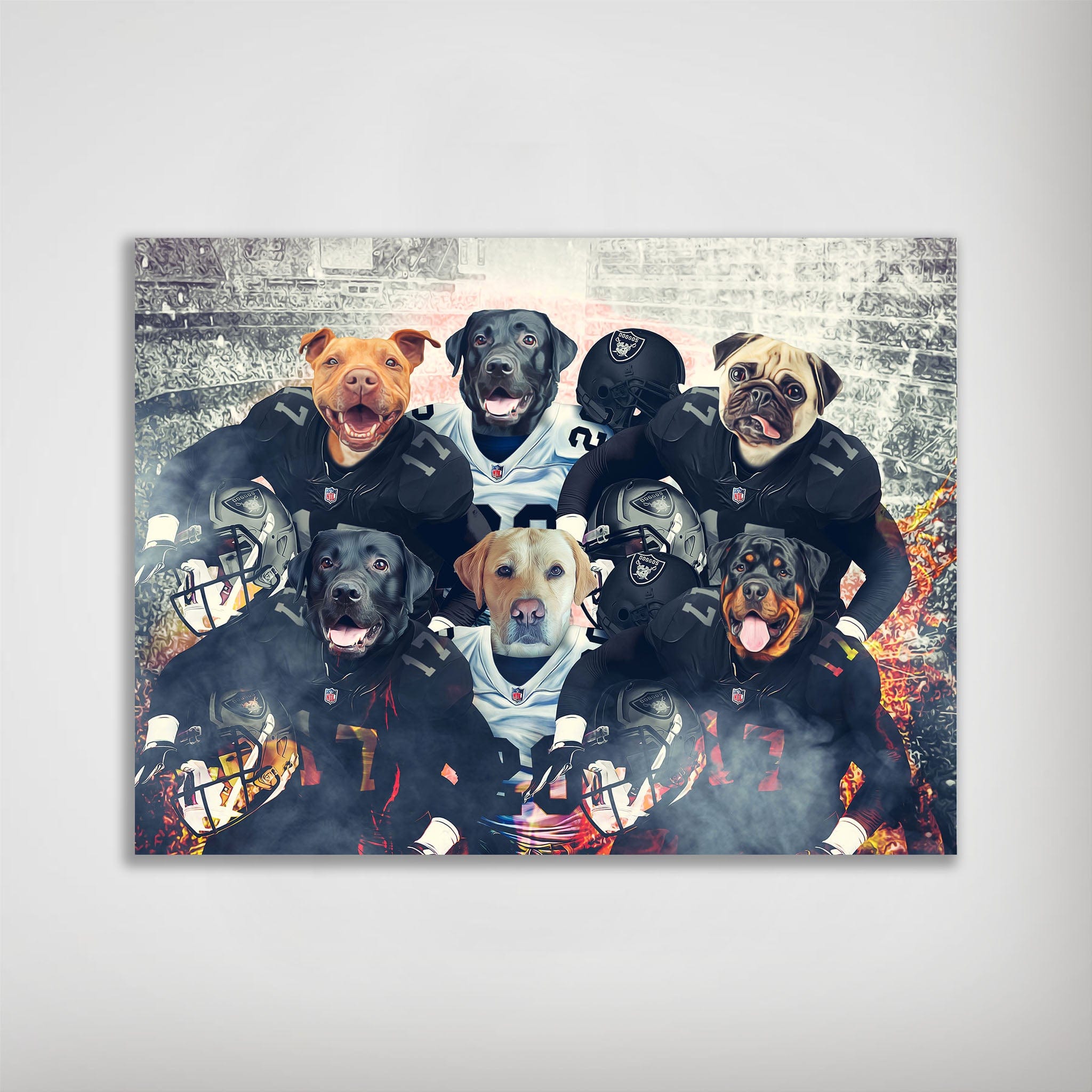 Personalized 'Las Vegas Doggos' poster featuring six pets as football players in black and white jerseys.