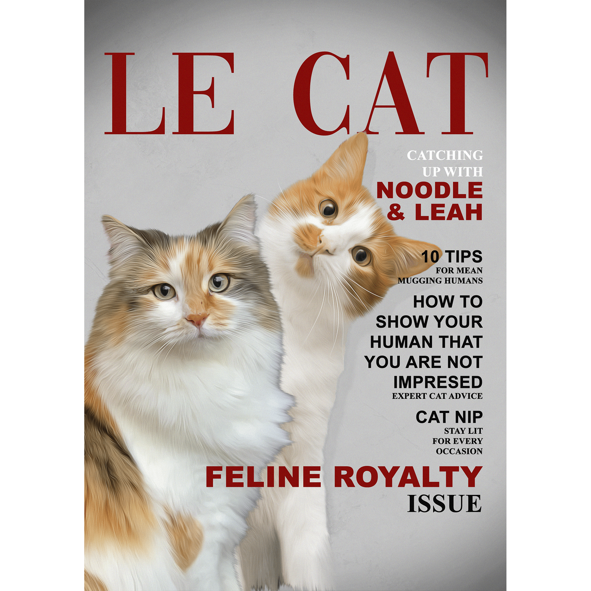 Custom digital portrait of two cats on a magazine cover, "LE CAT" title.