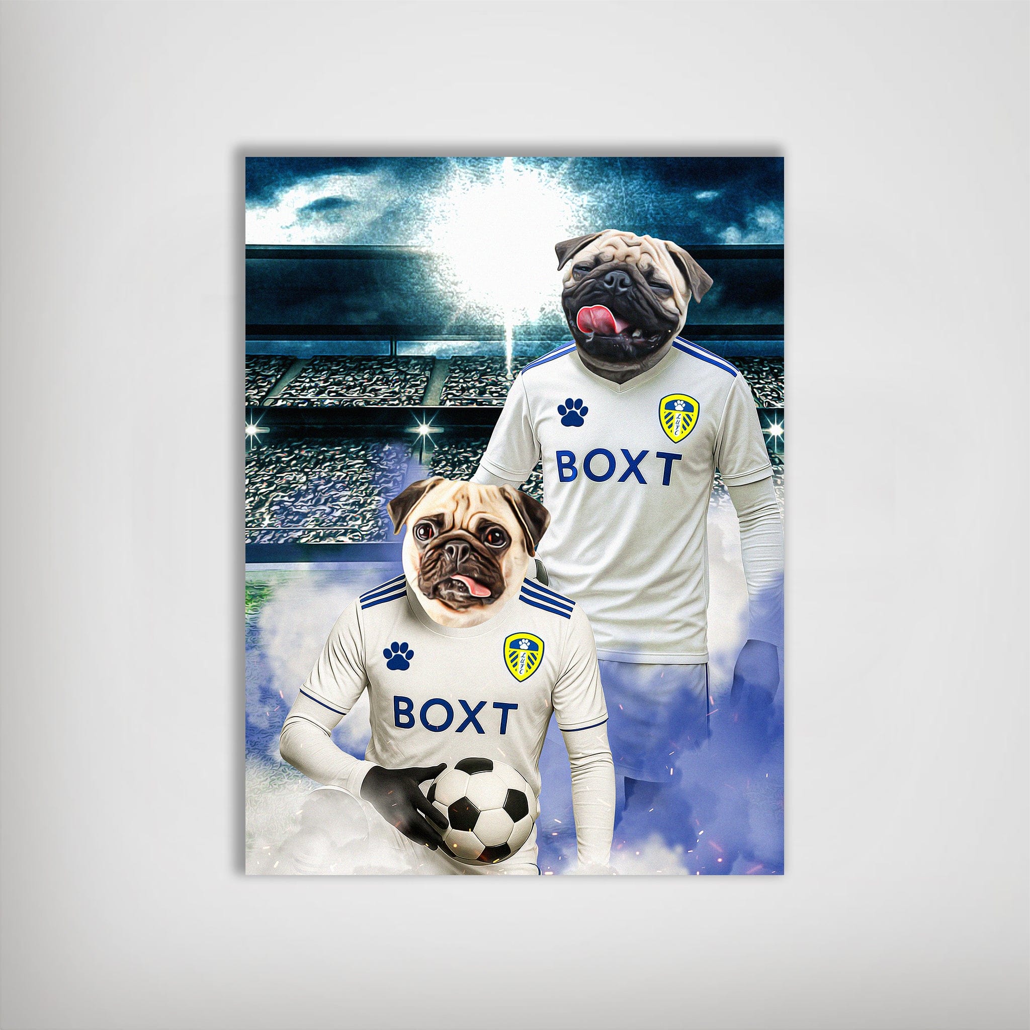 Personalized Leeds United Doggos Football poster featuring two pugs in white jerseys, one holding a soccer ball.