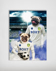 Personalized Leeds United Doggos Football poster featuring two pugs in white jerseys, one holding a soccer ball.